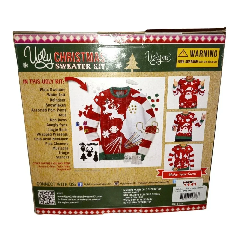 NIB Ugly Christmas Sweater Kit Size XL Red Sealed Special Edition Includes Decor